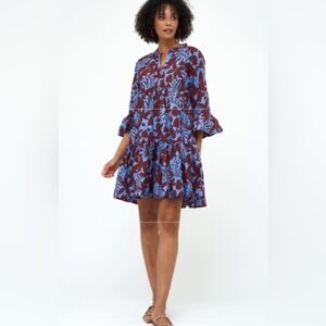 Oliphant Purplish/Blue Brown Bell Sleeve Floral Tiered Dress In Rhubarb Willow M